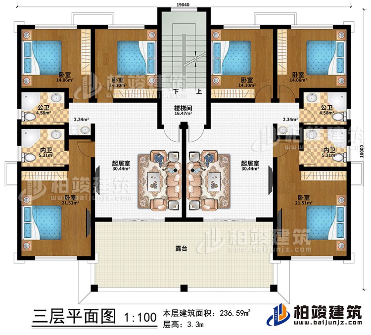 三层：2起居室、楼梯间、6卧室、2公卫、2内卫、露台