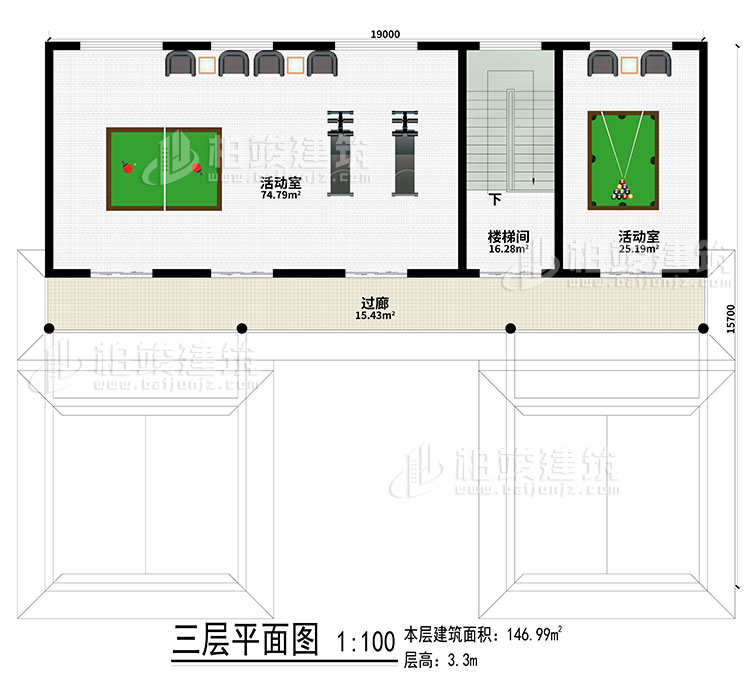 三层：2活动室、楼梯间、过廊