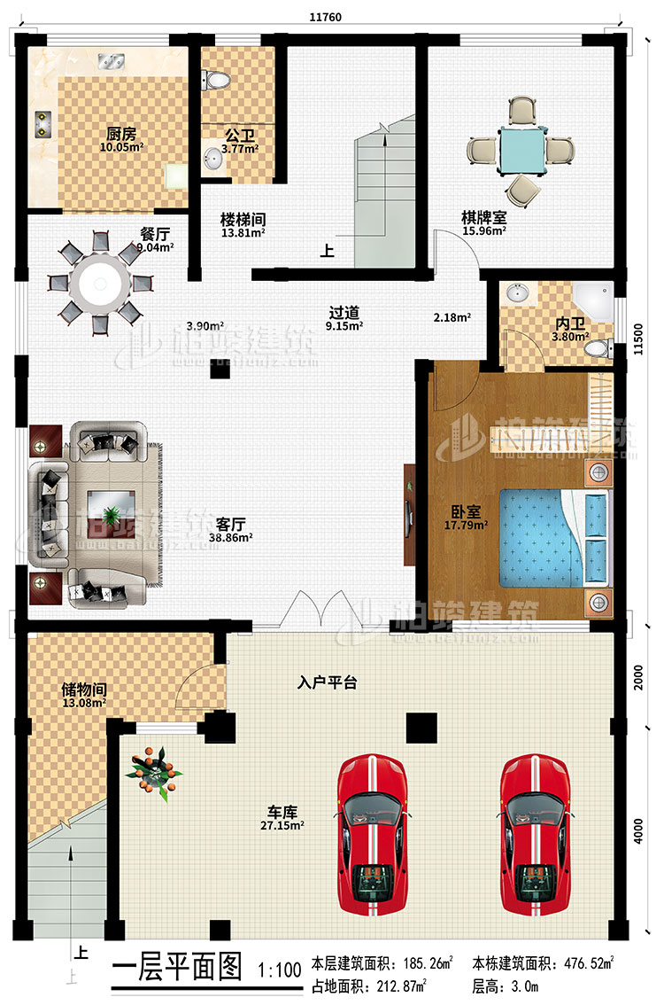 一层：车库、入户平台、储物间、客厅、过道、楼梯间、厨房、餐厅、棋牌室、卧室、公卫、内卫