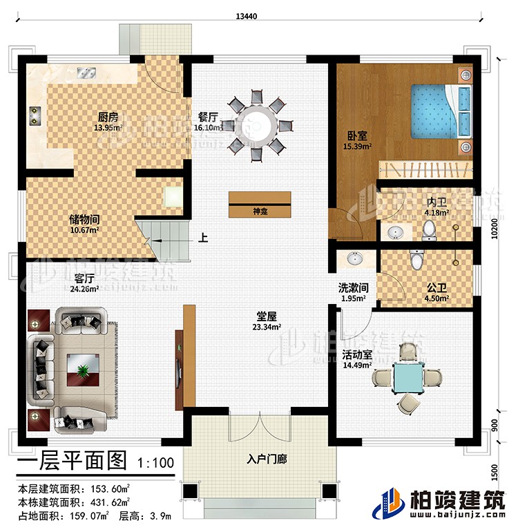 一层：入户门廊、堂屋、神龛、客厅、储物间、厨房、餐厅、活动室、卧室、洗漱间、公卫、内卫