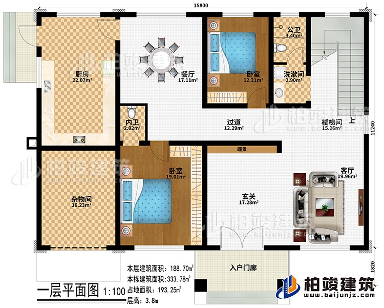 一层：入户门廊、杂物间、玄关、客厅、楼梯间、餐厅、厨房、2卧室、洗漱间、公卫、内卫、端景、过道