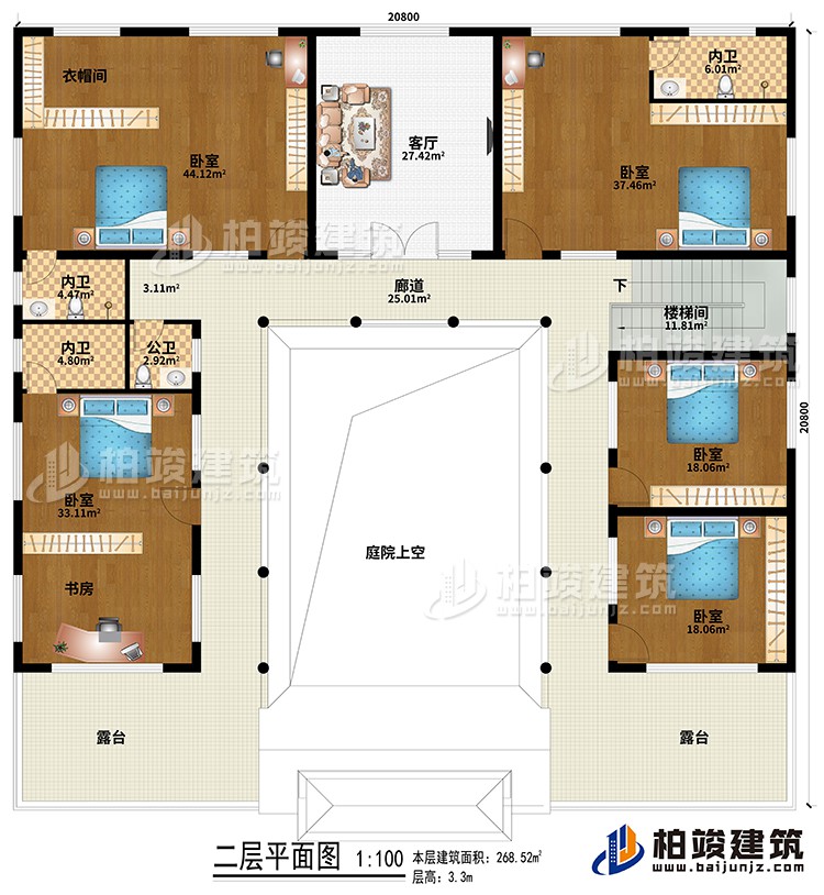 二层：楼梯间、廊道、庭院上空、客厅、5卧室、衣帽间、书房、3内卫、公卫、2露台
