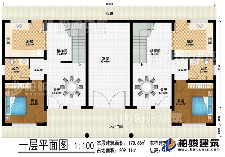 一层：入户门廊、过道、堂屋、2厨房、2楼梯间、2餐厅、2卧室、2公卫
