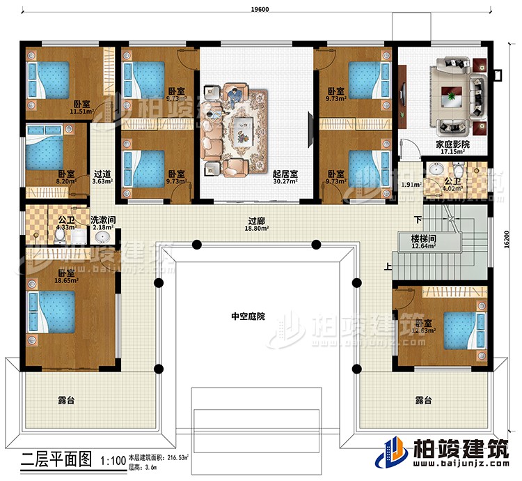 二层：过廊、楼梯间、中空庭院、起居室、8卧室、家庭影院、2公卫、洗漱间、过道、2露台