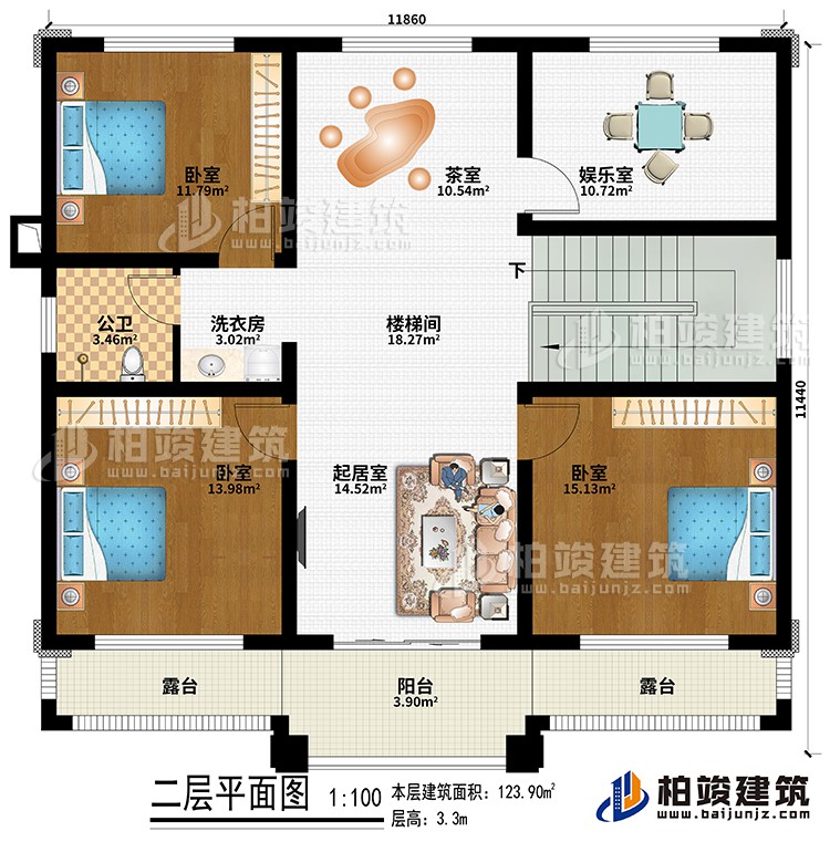 二层：楼梯间、起居室、茶室、3卧室、娱乐室、洗衣房、公卫、阳台、2露台