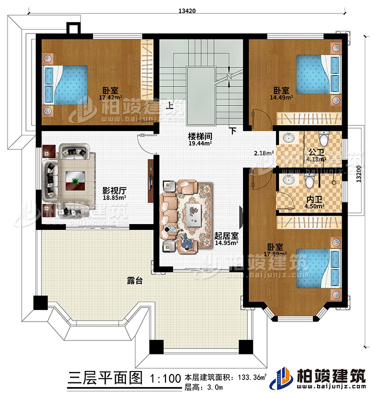 三层：楼梯间、起居室、影视厅、3卧室、公卫、内卫、露台