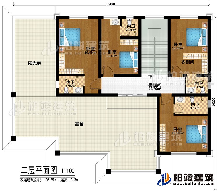 二层：4卧室、衣帽间、楼梯间、4内卫、阳光房、露台