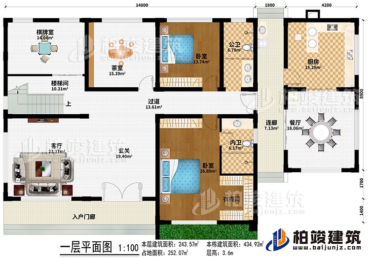 一层：入户门廊、客厅、玄关、楼梯间、过道、棋牌室、茶室、餐厅、厨房、2卧室、衣帽间、公卫、内卫、连廊