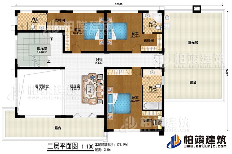 二层：楼梯间、客厅挑空、起居室、过道、3卧室、3衣帽间、3内卫、阳光房、2露台