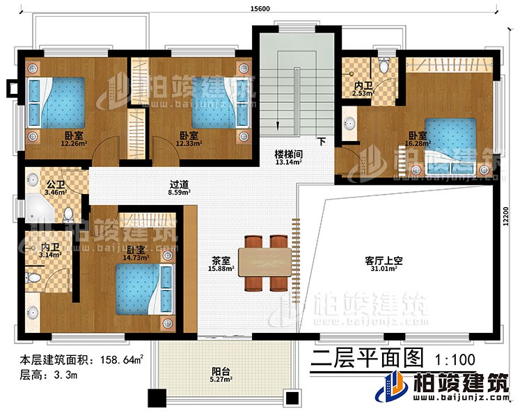 二层：楼梯间、茶室、客厅上空、4卧室、过道、公卫、2内卫、阳台